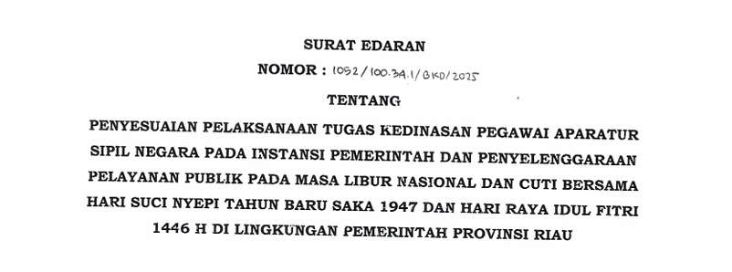 Gubernur Riau Terbitkan Surat Edaran Penyesuaian Tugas ASN Jelang Libur Nasional